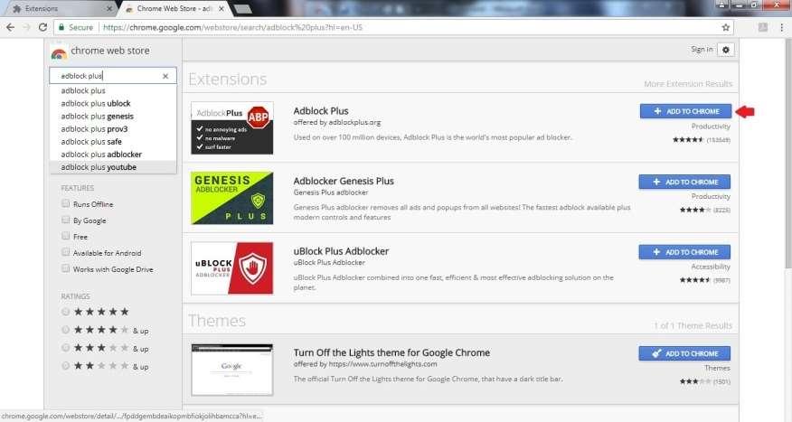 Chrome will generate a list of extensions. Be sure to locate Adblock Plus (with the red ABP stop sign logo) by adblockplus.org.