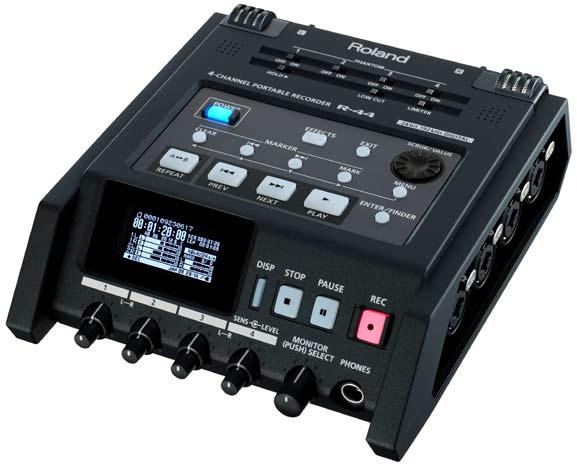 R-44E 4-Channel Portable Recorder The R-44 is a compact, four channel, solid-state field recorder that uses SD or large capacity SDHC cards as the storage media enabling quiet and reliable recording