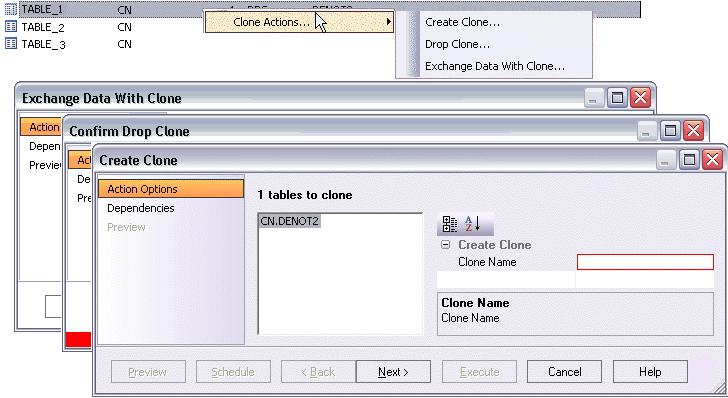 Table cloning actions DBArtisan 8.7 introduces object actions corresponding to CREATE CLONE and DROP CLONE options for ALTER TABLE statements, functionality introduced in IBM DB2 for z/os version 9.