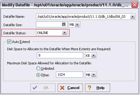 ORACLE OBJECT MANAGEMENT ENHANCEMENTS ONLINE/OFFLINE status of tablespace datafiles When creating or modifying tablespace datafiles, you can now set the availability of the datafile to either ONLINE