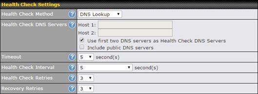 Health Check Settings Method This setting specifies the health check method for the WAN connection. This value can be configured as Disabled, PING, DNS Lookup, or HTTP.