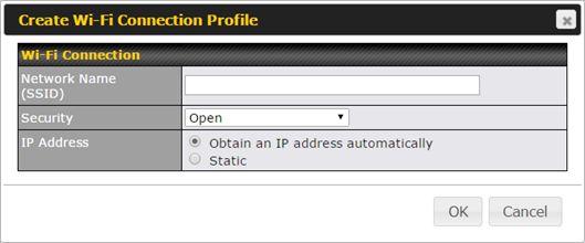 Wi-Fi Connection Profile Settings Type Network Name (SSID) Security Select whether the network will connect automatically or manually.