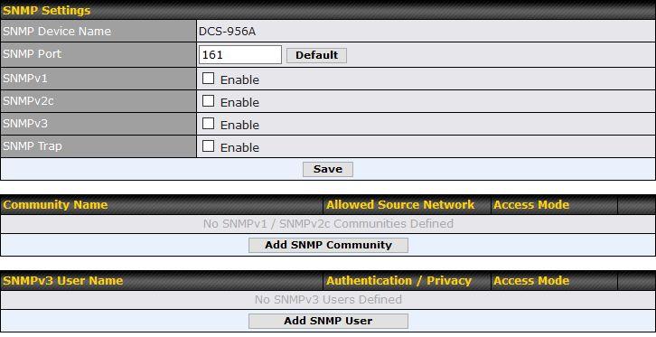 SNMP Settings SNMP Device Name SNMP Port This field shows the router name defined at System>Admin Security. This option specifies the port which SNMP will use.