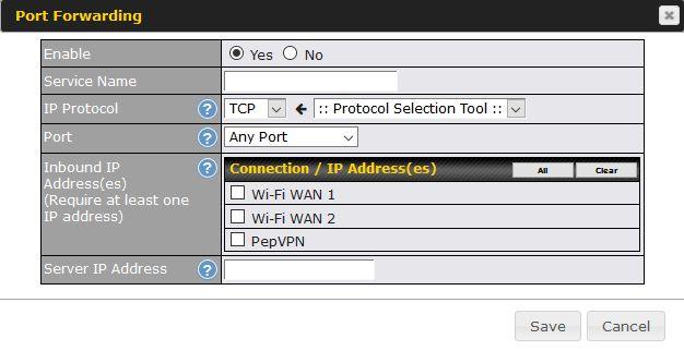 Port Forwarding Settings Enable Service Name IP Protocol Port This setting specifies whether the inbound service takes effect.