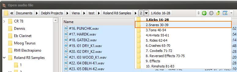 Next step is to go back to "Add Samples". In the file open dialog we will now need to switch to the next folder, "2.Snares 30-39": Again, select all samples.