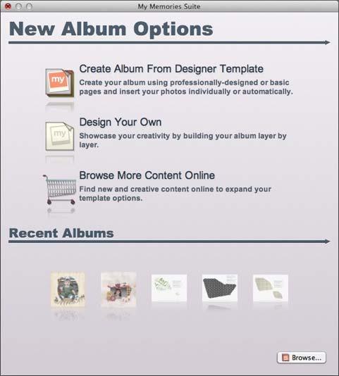 Starting an Album When you first open MyMemories Suite, a welcome screen appears. New Album Options There are three options when creating a new album. Click on one of the options to continue.