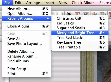 2. Hover the mouse over Recent Albums to display the last few albums that were open in