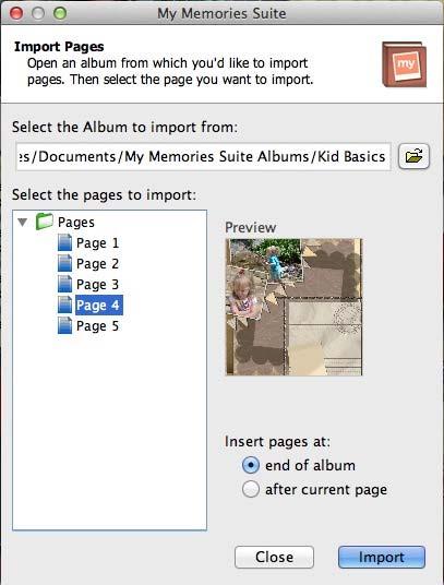 Importing Pages Use the import function to copy a page (or pages) from another album into the current album, or to combine albums.