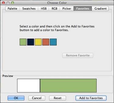 Favorites Tab MyMemories Suite allows you to store your favorite colors. To save a color to the Favorites tab, pick a color on any of the other tabs and click on the Add to Favorites button.