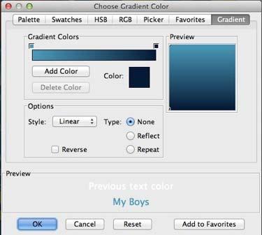 Remove a color by clicking on it and then clicking the Remove Favorite button. To choose a color from the Favorites tab, click on the color square.