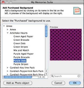 Click on a category name in the left column (double-click on the category name or click on the plus sign or arrow symbol to expand categories). Available backgrounds will appear in the right column.