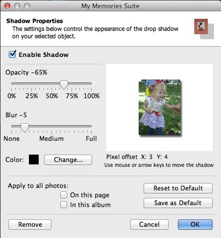 Shadow Photos Click on this button to add a shadow to a photo, or to edit a photo s existing shadow. A shadow makes the photo stand out and gives it a sense of depth on the page.