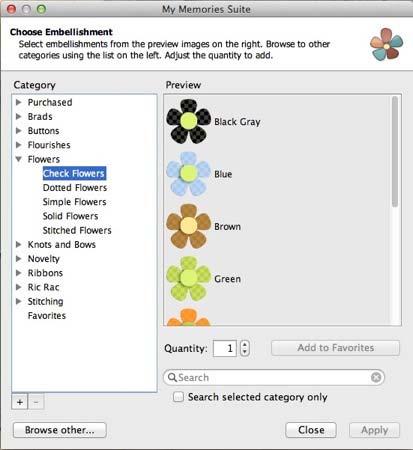 Embellishments Embellishments are graphic objects that act as decoration on a page. Adding Embellishments To add an embellishment to a page: Select a page in the Page Thumbnails.