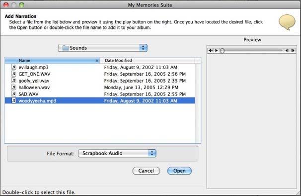 3. Once the file selection is made, click the Open button. 4. The Page Narration dialog provides several additional options: The Play button provides a preview of the current audio narration.