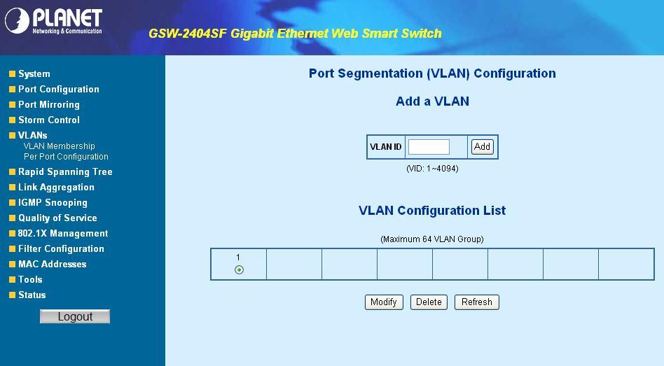 Figure 4-6 VLAN Membership screen The page includes the following items: VLAN ID - Add Modify Delete Specify the VLAN Identifier for the new VLAN.