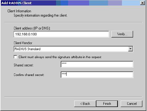 RADIUS UDP Port RADIUS Secret The UDP port used by this server. The valid range is 0-65535. The default UDP Port No. is 1812 Indicates if the shared secret for this server has been configured.