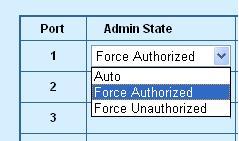 Figure 4-45 802.1X Network access control mode selection The Network Access Control port configuration table includes the following fields: Port Admin State Selects the port to be configured.
