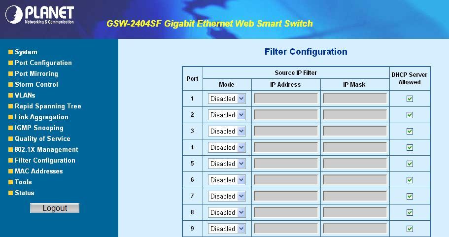 4.11 Filter Configuration The GSW-1602SF/GSW2404SF support per-port IP Filter function to management the IP traffic flow.