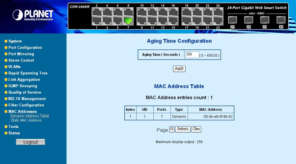 4.12 MAC Addresses 4.12.1 Dynamic Address Table Use this page to set the Address Ageing Timeout for the MAC Address database, and to display information about entries in the MAC Address database.