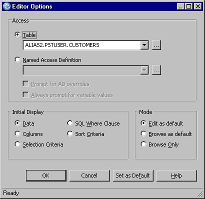 Getting Started To open the Table Editor, select New from the File menu in the Edit main window, then select Edit from the Actions submenu to display the Table Editor and the Editor Options dialog.