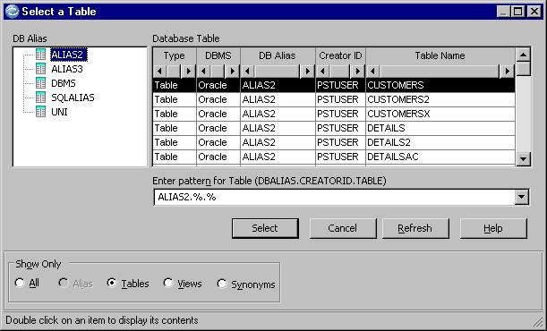 Tables are organized in the Select a Table dialog by the fully qualified name. The fully qualified name of a table consists of: dbalias.creatorid.tablename.