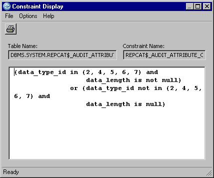 The Constraint Display dialog displays the table name, constraint name, and the constraint text.