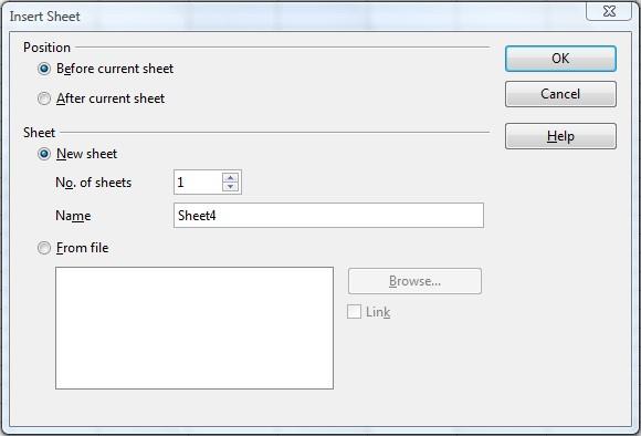 Figure 25: Insert Sheet dialog Renaming sheets The default name for the a new sheet is SheetX, where X is a number.