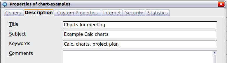 Figure 33: The Description page of the document s Properties dialog Use the Custom Properties page (Figure 34) to store information that does not fit into the fields supplied on the other pages of