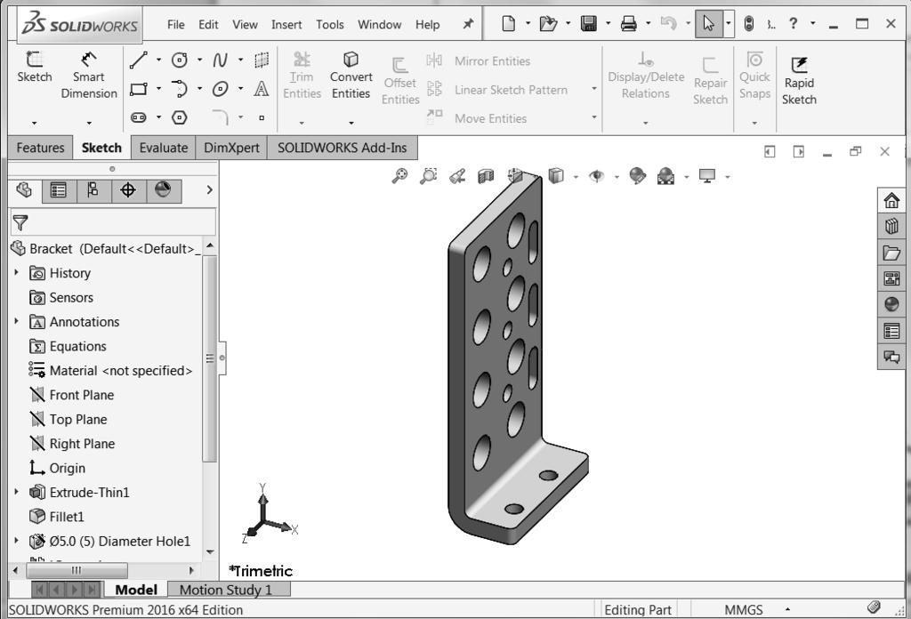 Overview of SOLIDWORKS and the User Interface SOLIDWORKS 2016 in 5 Hours The FeatureManager design tree is located on the left side of the SOLIDWORKS Graphics window.
