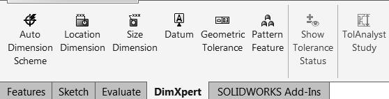 For example, if you click the Sketch tab, the Sketch toolbar is displayed. The default Part tabs are Features, Sketch, Evaluate, DimXpert and SOLIDWORKS Add-Ins.