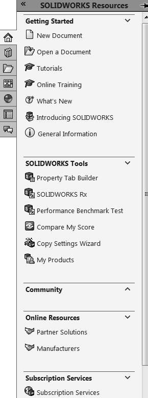 Overview of SOLIDWORKS and the User Interface SOLIDWORKS 2016 in 5 Hours Task Pane The Task Pane is displayed when a SOLIDWORKS session starts.
