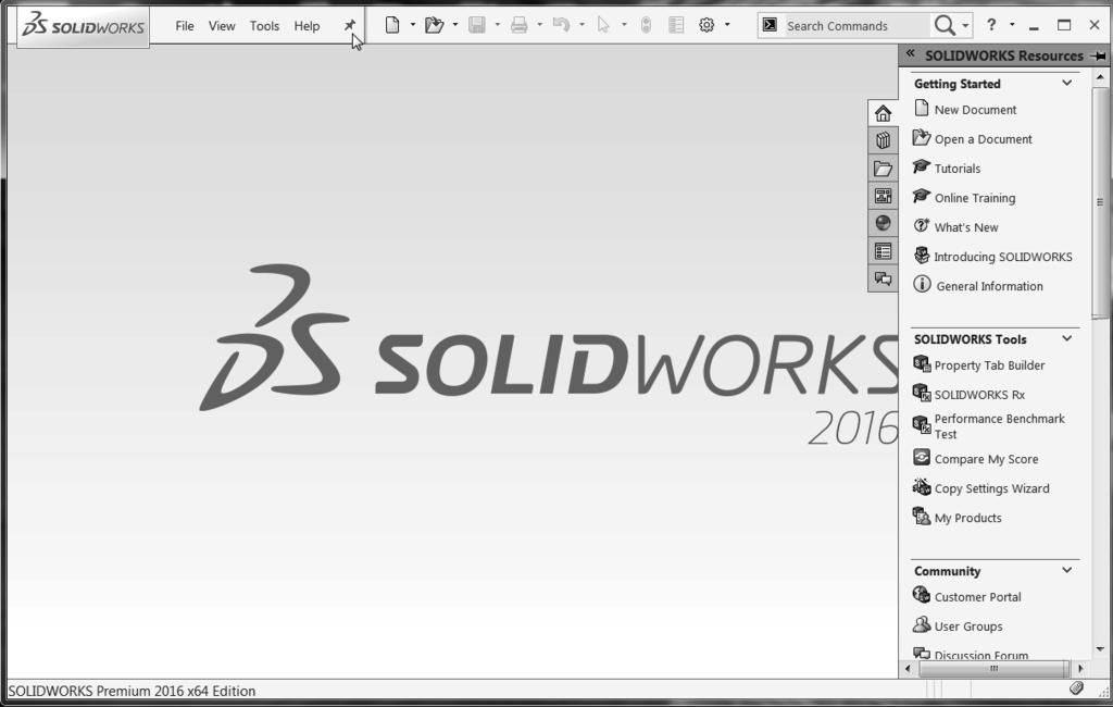 The book does not cover starting a SOLIDWORKS session in detail for the first time. A default SOLIDWORKS installation presents you with several options. For additional information, visit http://www.
