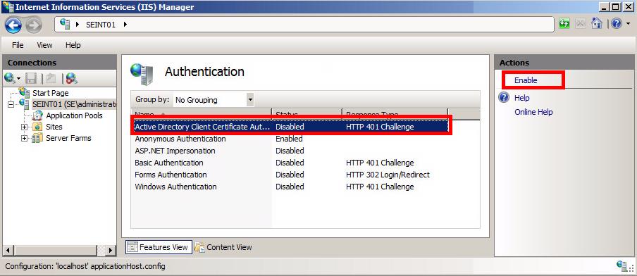 Chapter 2: Cross Domain Configuration 6. In the right-hand pane, select Enable. Use the Configuration Editor to Set Up Email Authentication 1. Click + to expand the Sites folder. 2. Click + to expand the Default Web Site and display the email sever you want to configure.
