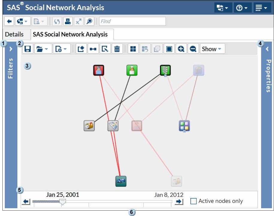 Toolbars, Windows, and Panes 39 Stored Process) or the social network analysis diagram that is stored in the database (Open > Last Saved to Database).