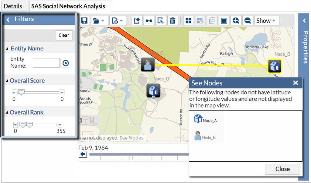 46 Chapter 2 / SAS Social Network Analysis Server Access and Description displayed because of non-existent longitude and latitude values are listed in the See Nodes window. Figure 2.