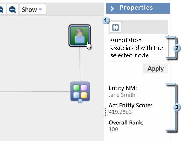 Properties Pane Toolbars, Windows, and Panes 63 The Properties pane is displayed to the right of the social network analysis diagram.