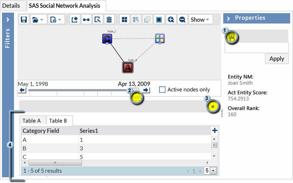 70 Chapter 2 / SAS Social Network Analysis Server Access and Description The pane can be resized by dragging the resize bar beneath the time and scope controller upward or downward. Figure 2.