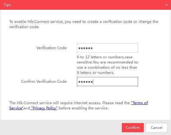Figure 5-1 Verification Code Setting (SADP) The verification code is required when adding the camera to Hik-Connect. 3.