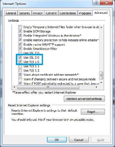 3.2 SSL3 Activation: In the Tools / Internet Options menu and in the Advanced tab, enable the selected options: 3.