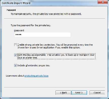 A window requesting the password for the certificate will display; in this window you can also permit the export of the certificate and to be prompted every time this certificate is