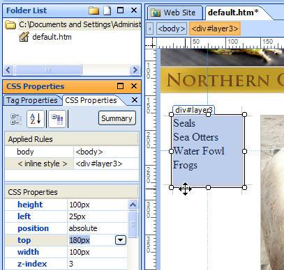 4. Next, select the middle layer (the one with the photo of the two seals) and change the top field to 180 pixels.