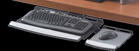 Fully adjustable uit moves keyboard ad mouse off the desktop to save workspace Sigle kob adjusts keyboard height ad tilt; tray rotates to preferred work positio