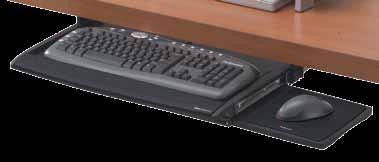Features 2 height adjustmets to suit preferred work positio Mouse tray mouts to right or left side of keyboard tray or stows udereath whe ot i use Soothig memory foam wrist