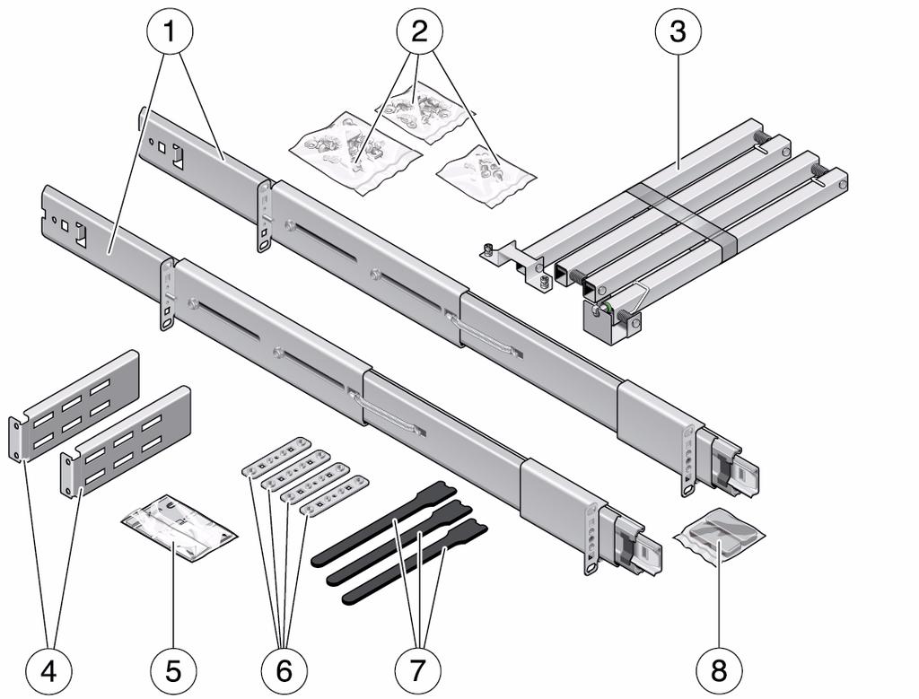 FIGURE 4-1 M4000 Server Rail Kit Contents Figure Legend 1 Slide rails (2) 2 Bag of parts -M3 flathead screw (8), M5 cage nut (8), M5 flathead screw, washer (8) 3 Cable management arm (CMA) 4 Cable
