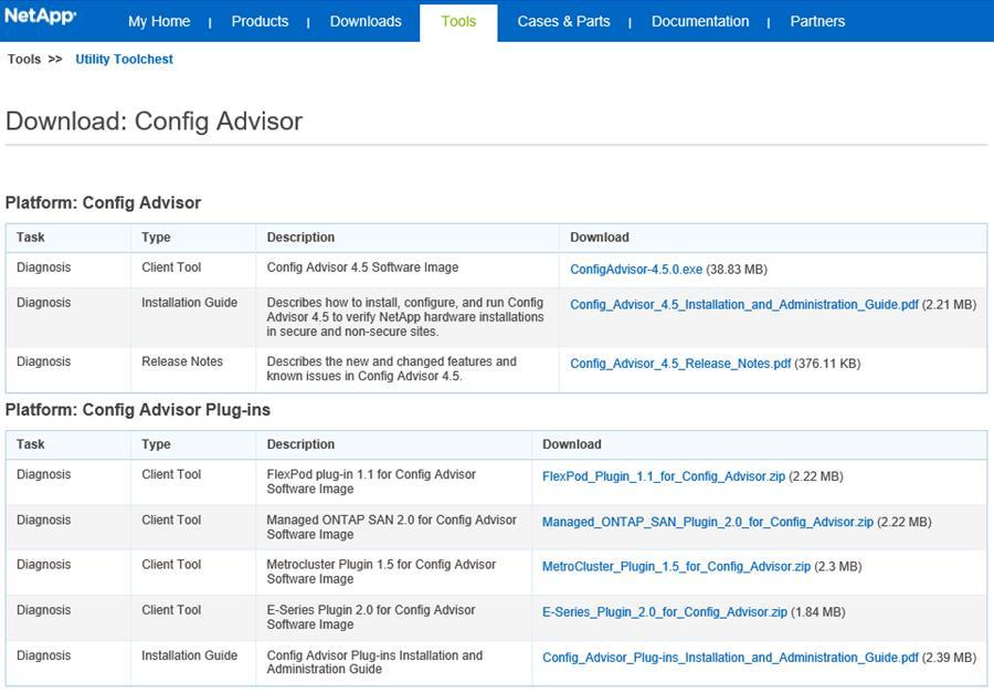 To download the Config Advisor tool, the additional plug-in for E-Series, and associated installation documentation for both software packages (see Figure 16), use the Config Advisor link,