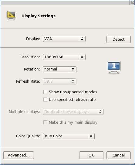 Display The Display Settings window allows you to configure your screen resolution along with the refresh rate and the color quality.