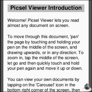 b Memory Stick Export Memory Stick Inport Viewing the documents 1 Select the Picsel Viewer icon in the CLIE Launcher screen to start Picsel Viewer