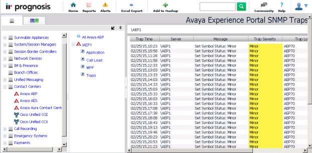 To verify whether the Prognosis UC application is able to receive and display the SNMP traps sent from the Experience Portal, select Traps to open Avaya Experience Portal SNMP Traps window in the