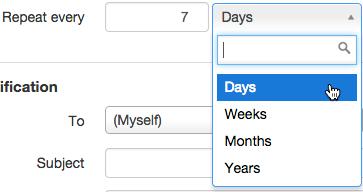 6. Use the Repeat Every field to create repeating reminders. Add a number in the field and then select the frequency from the drop-down menu. 7.