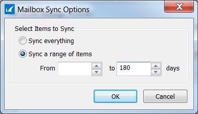 then click Options to open the Mailbox Sync Options dialog box and specify the desired synchronization settings: Specify the number of days in the Sync items newer than field to govern how often